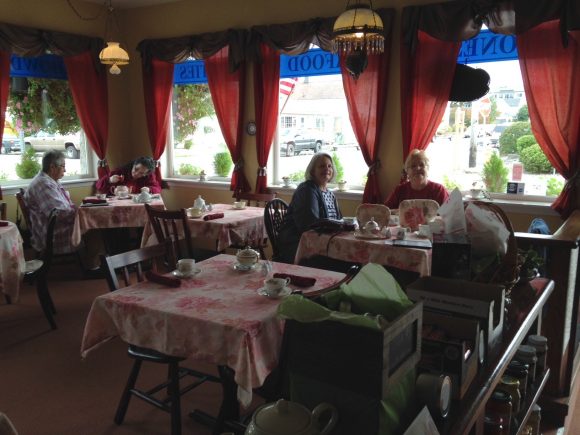 RVing gal pals visiting over ‘Afternoon Cream Tea’ on a rainy day in Florence, Oregon